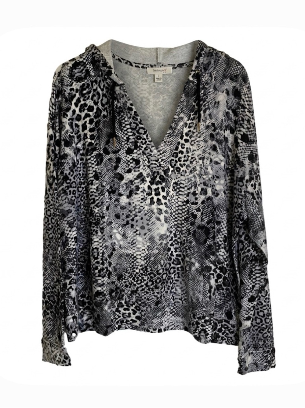 SKINNYGIRL Reptile Print Drawstring Hooded Top, Women’s L, Black Gray White, New